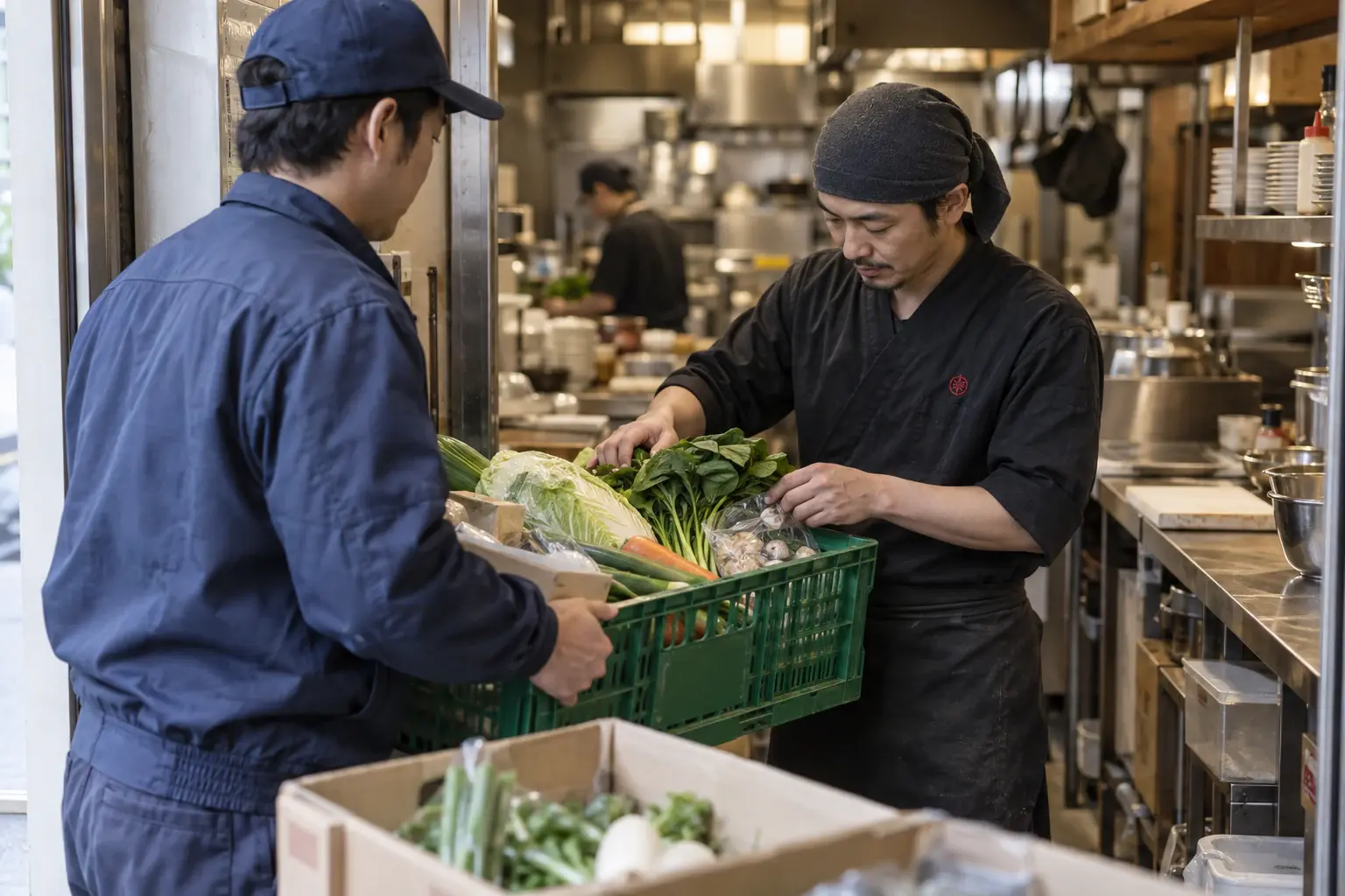 厨房で食材を受け取るイメージ